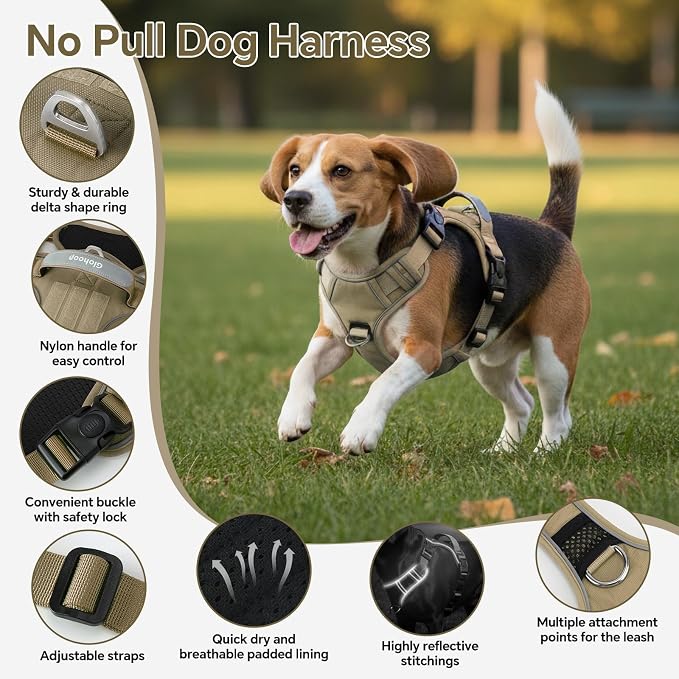 Heavy Duty Tactical Dog Harness for Medium Dogs, No Pull Dog Harness with Handle & Front Clip, Reflective Soft Padded, Hook and Loop Panel, Dog Vest for Walking, Service Training, Khaki