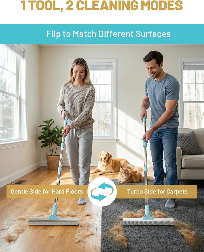 DELOMO Carpet Rake for Pet Hair Removal, Dual-Sided Rug Rake Scraper Broom | 54” Long Handle for No-Bend Cleaning, Metal + Short Silicone for Carpets & Rugs, Extended Silicone for Shag Rugs & Hard Floor