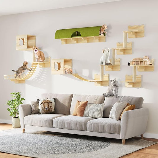 Cat Shelves for Wall, 18-in-1 Cat Wall Furniture w/Tunnel & Bridge | Multi-Level Floating Cat Shelves for Space Saving, Solid Wood Cat Climbing System with Scratching Posts, Condos, Burlywood