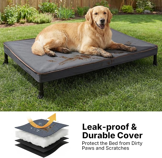 Veehoo Chew Proof Dog Bed, Orthopedic Elevated Dog Bed with Padded Cover | Washable Indestructible Raised Dog Cot for Indoor & Outdoor, Large Dog Bed with Non-Slip Feet, 41" x 27", Dark Grey