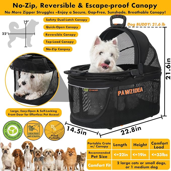 PAWZIDEA Pet Stroller 4 in 1, Foldable Cat Stroller with Detachable Carrier for Small Medium Dogs & Cats, Escape-Proof No-Zip Canopy, Lightweight Portable Travel Crate & Car Seat Combo, Storage Basket