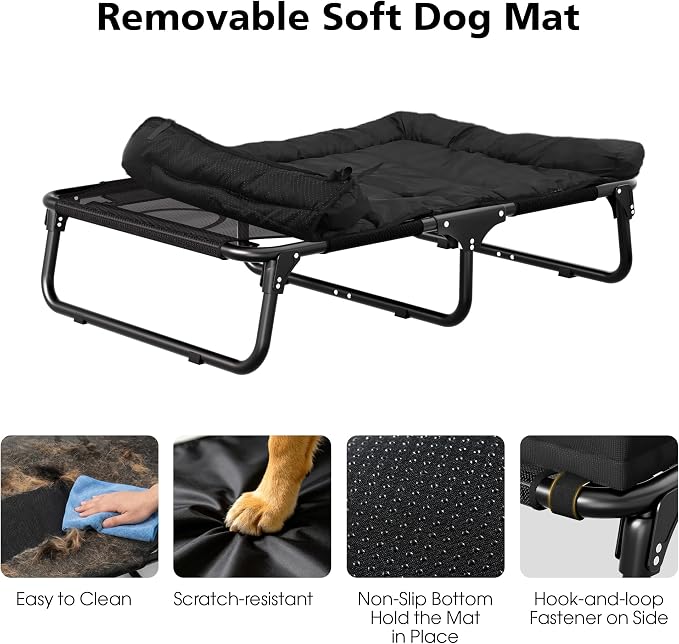 Foldable Elevated Large Dog Cot Bed with Detachable Soft Mat | For Indoor & Outdoor, Raised Orthopedic Pet Bed, Load Over 150 LBS, Carry Handle, Heavy Duty Frame, Non-slip Foot Pads