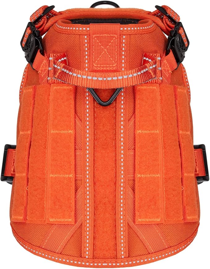 ICEFANG Tactical Dog Harness for Small Dogs,Reflective No Pull Dog Vest | with Control Handle,Adjustable,Front Hook,2 Leash Clips,Soft Padded,MOLLE Panel,Orange,Small
