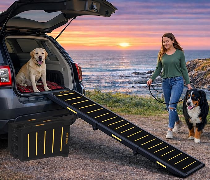 Pet Gear Travel Lite Ramps for Dogs and Cats, Yellow - Reflective | Compact Easy-Fold, Lightweight and Portable, Built-In Carry Handle, Supports 200 lbs, Size 71" x 16"