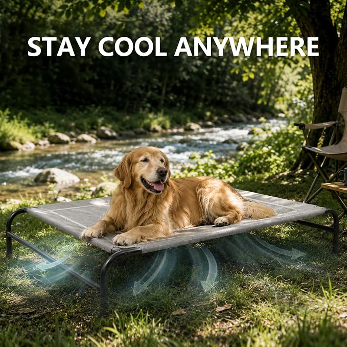 MICOOYO Outdoor Dog Bed, Elevated Dog Bed Raised Dogs Bed with Breathable & Washable Mesh, No-Slip Feet, Easy Clean, Chew Proof, Portable Dog Cot for Indoor & Outdoor Use, 47" x 31" x 9", Grey