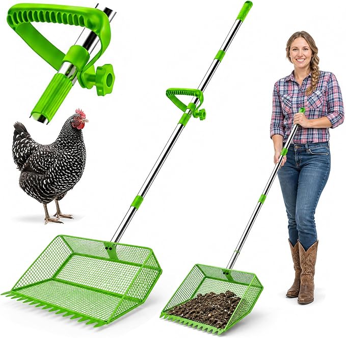 2026 Upgraded 2-in-1 Chicken Poop Scooper & Rake with Handle, 12inch Heavy-Duty Metal Chicken Coop Scoop for Sand Sifting Shovel Litter Scooper for Farm House Chicken Coop Cleaning Tools Accessories