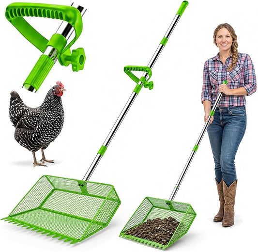 2026 Upgraded 2-in-1 Chicken Poop Scooper & Rake with Handle, 12inch Heavy-Duty Metal Chicken Coop Scoop for Sand Sifting Shovel Litter Scooper for Farm House Chicken Coop Cleaning Tools Accessories