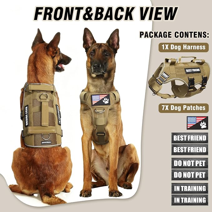 Air Mesh Tactical Dog Harness with Metal Buckles&MOLLE,Brown XL | Breathable Adjustable No Pull Service Dog Vest with 3 Padded Handles,Military Dog Harness for Training Hiking Hunting Working
