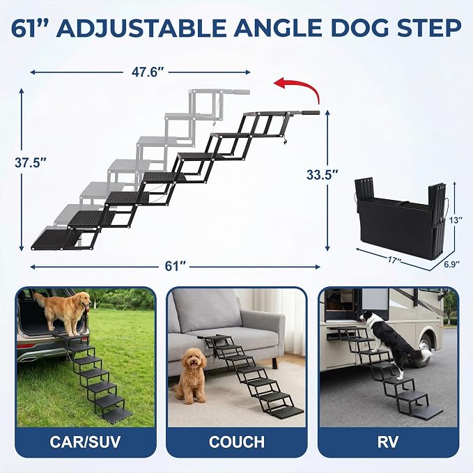 Dog Steps for Car, Truck, SUV, Dog Ramps for Cars with High Traction Surface, Portable Waterproof Dog Stairs for Large Dogs, Supports Up to 250 lbs, 7 Steps