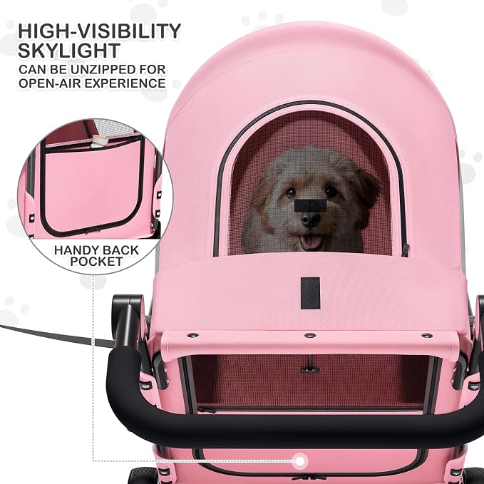 MoNiBloom Pet Stroller for Large Dogs or Dogs Cats up to 55 lbs, Pink | with Adjustable Handle, 3-Wheels Dual Entry Portable Dog Carting Easy Folding Pet Wagon Double Multiple Dog Stroller