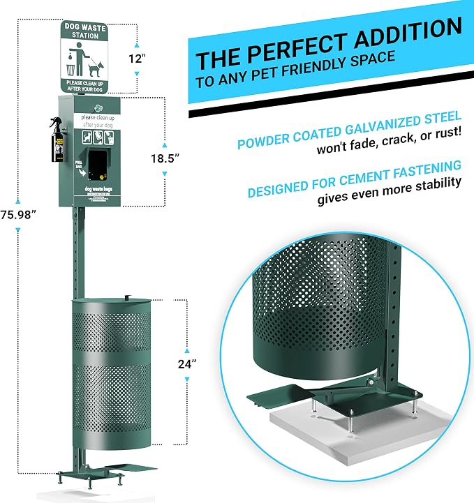 Flash Furniture Pet Waste Station with Pedal Trash Can, Green | Glow in the Dark Sign, Pull-Out Bag Dispenser, Hand Sanitizer Bottle, 400 Waste Bags, 50 Can Liners, Commercial Use