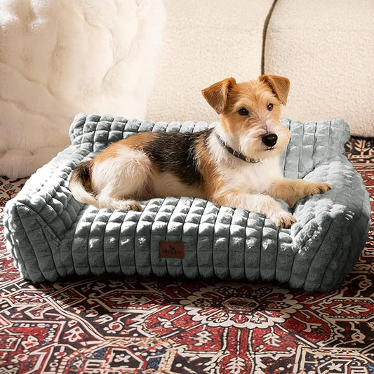 Cute Small Dog Couch Bed – Supportive & Fluffy Pet Sofa with Faux Rabbit Fur Washable Cover in 3D Diamond Pattern, 30" Grey