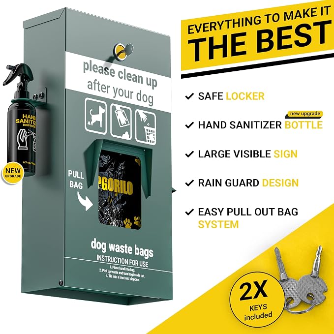Dog Waste Station Pull Out Bag Dispenser with Hand Sanitizer Bottle - 400 Header Bags Included - Original Glow in the Dark Dog Poop Station Outdoor, Pet Waste Station with Lock and Rain Guard