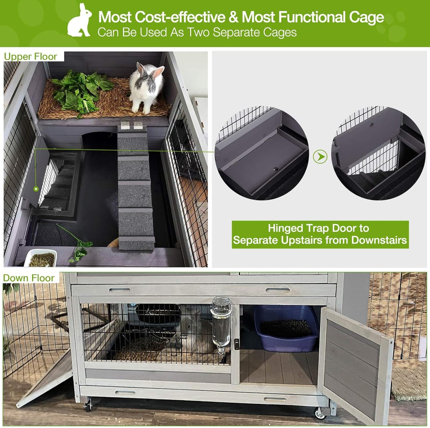 GUTINNEEN Bunny Hutch Indoor Rabbit Hutch Large Guinea Pig Cage with Wheel, Outdoor Rabbit Cage with Removable Bottom Wire Floor