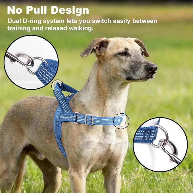 No Pull Dog Harness with Handle, Adjustable Soft Mesh Padded Vest | Reflective Walking Harness with Front Clip for Small Medium Large Dogs, Quick Fit No Escape for Training, Blue, L