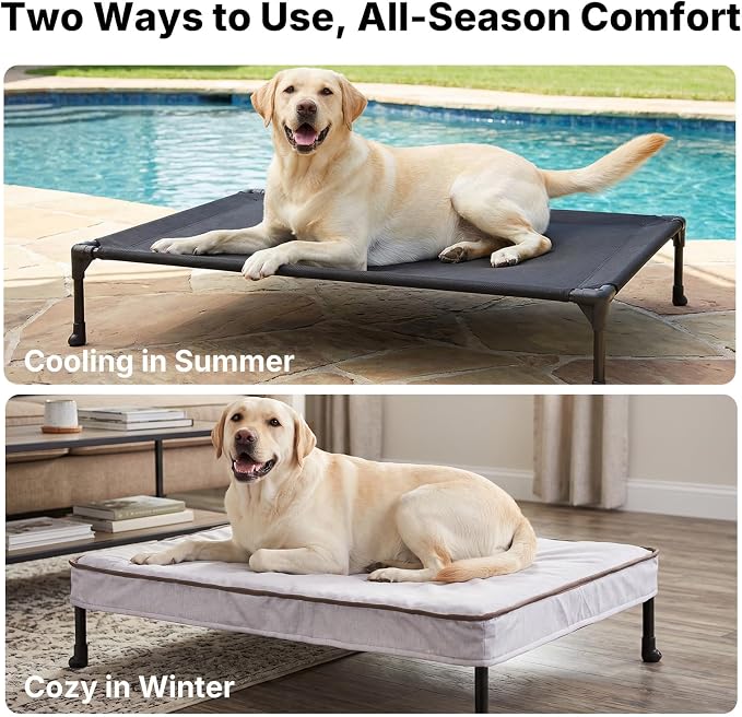 Veehoo Outdoor Elevated Dog Bed with Washable & Waterproof Cushion, Cooling | Large Raised Dog Cot with Removable Cover, Brethable Mesh, Orthopedic Pet Bed for Indoor & Outdoor, 49" x 32", Dark Grey