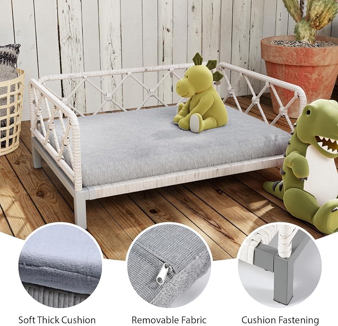 Indoor & Outdoor Dog Bed, Elevated All-Weather Wicker Pet Sofa with Washable Waterproof Cushion, Durable Rattan Dog Couch for Small Dogs, White Rattan/Grey Mat