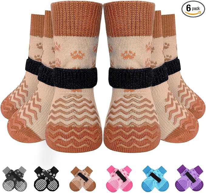 EXPAWLORER 6Pcs Anti Slip Dog Socks to Prevent Licking Paws, Dog Shoes for Hot Pavement Double Sides Dog Boots & Paw Protectors Booties for Hardwood Floors with Grip Small Medium Large Senior Dogs, XL