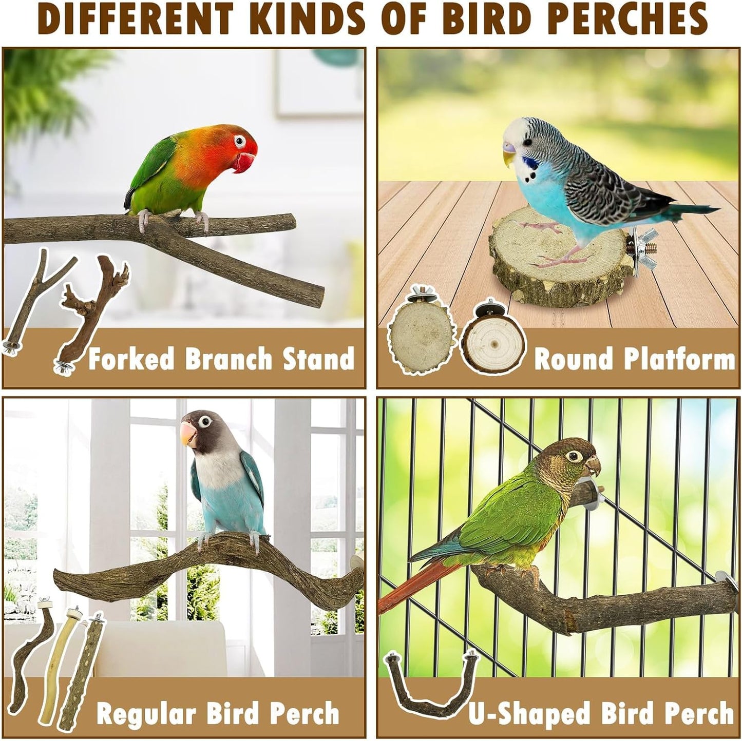 PINVNBY 8 PCS Bird Perches Natural Wood Parrot Perch Sets Paw Grinding Fork Bird Perch Chewing Stick Parakeet Platform Hammock Bird Toys Bird Cage Accessories for Cockatiels Conures Budgies Macaws