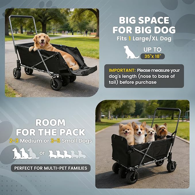 REDCAMP Folding Dog Wagon for Large Dogs, 150lbs Dog Stroller with 6 Wheels | Collapsible Utility Cart with 17.3" Extendable Ramp for 2 Medium Dogs, 6 All-Terrain Wheels with Brake for Senior Pet, Black