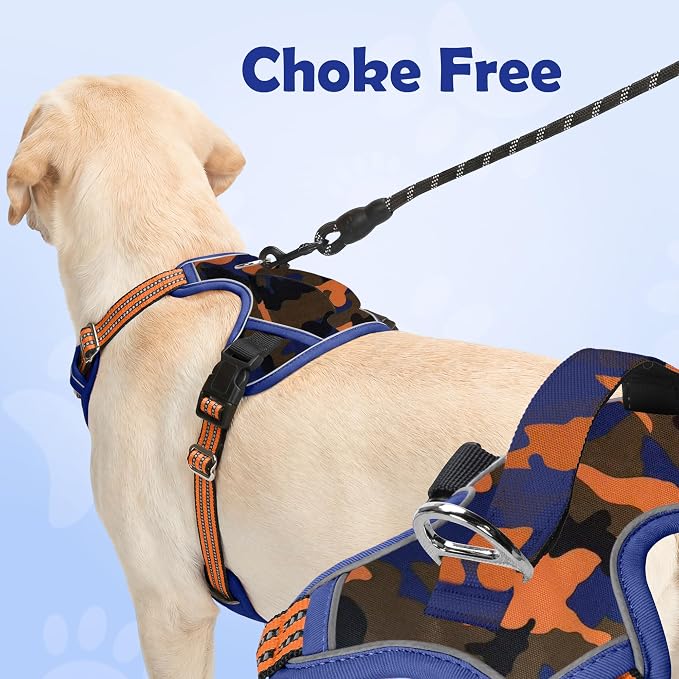 Dog Harness No Pull, Adjustable Pet Vest Harness, Super Soft Material with Vertical Handle Easy Control, Reflective Night Walking, 2 Leash Clips for Small Sized Dogs, Camo Orange, S