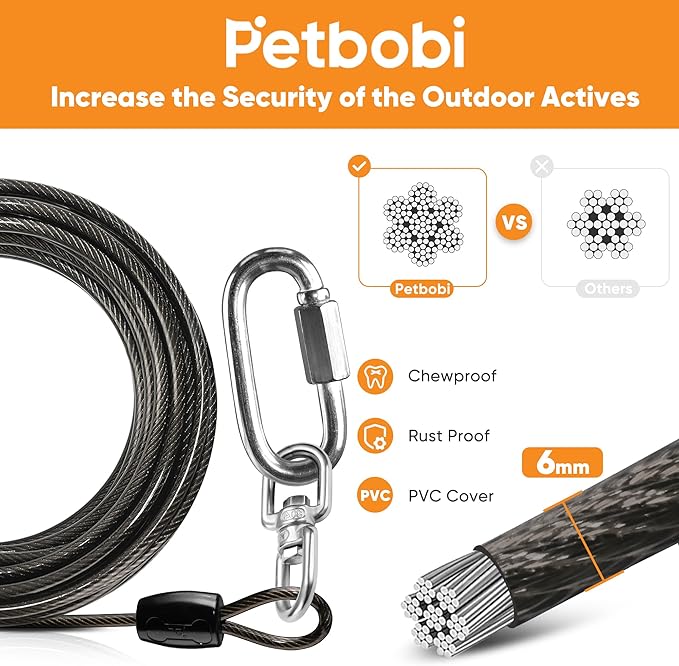 Petbobi Heavy Duty Dog Tie Out Cable and Stake - 20FT Steel Wire Dog Leads for Large Dogs Up to 300lbs, Anti Rust Spiral Stake with Strong Leash & 360° Swivel Hooks - Ideal for Yard, Outdoor & Camping