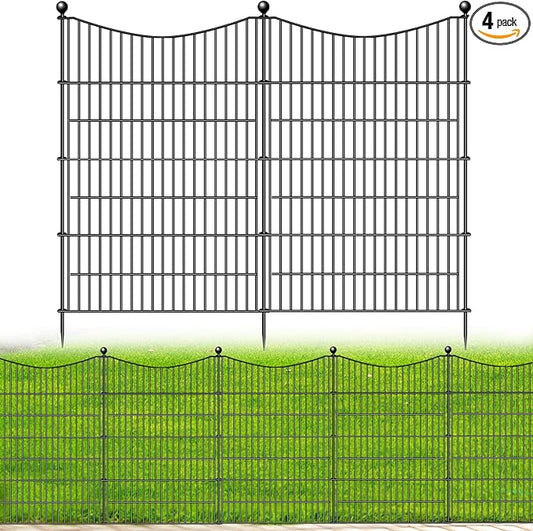 4 Panels No Dig Dog Fence Outdoor for Yard, 48 in(H) X 10.5 ft(L) Decorative Tall Garden Fence Animal Barrier, Rustproof Metal Wire Garden Edging and Borders, Temporary Fencing Stakes