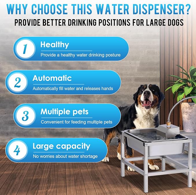 3Gal Automatic Dog Water Bowl Dispenser for Large Dogs Outdoor | Elevated Dog Water Bowl with Stand, Stainless Steel Pet waterer with Float Valve for Large Breed, Reduces Neck Pressure
