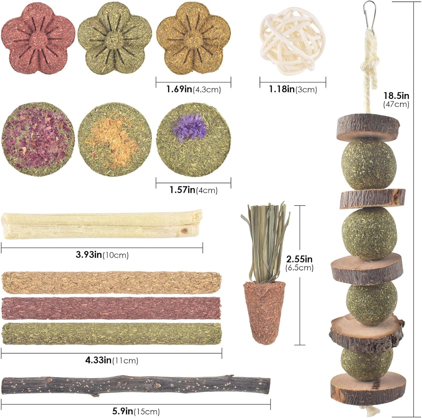 ERKOON Bunny Toys Boredom, 42 PCS Bunnies Timothy Hay Sticks Carrots Rose Grass Cake Dental Care, Molar, Chinchillas Toy Chew Toy, Guinea Pigs, Hamsters, Chinchilla, Rabbit Chew Toys for Teeth