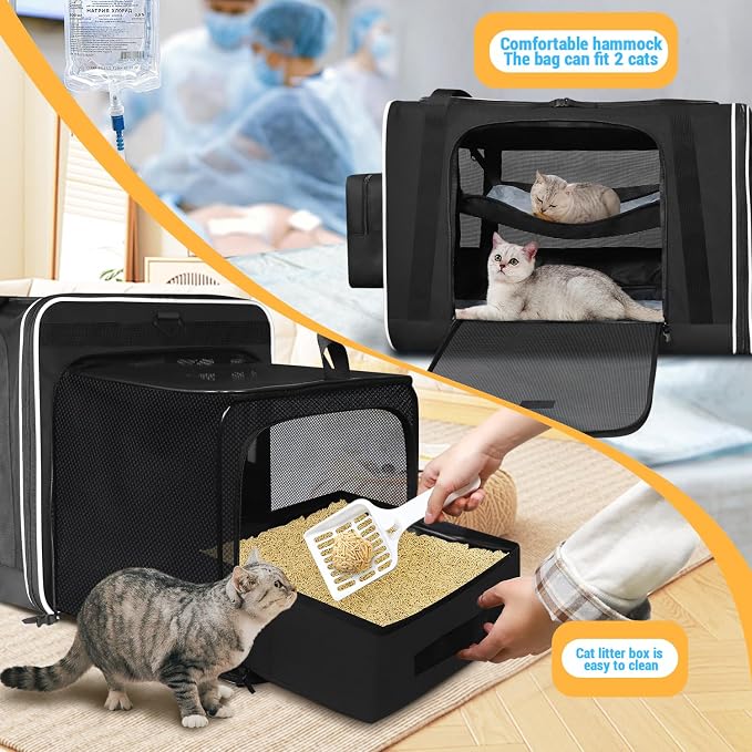 Petskd Side Expandable Extra Large Cat Carrier with Litter Box Area, 24"x17"x17" Soft-Sided Pet Carrier for 2 Cats Under 55 lbs with Zipper Locks for Car Travel(Black)