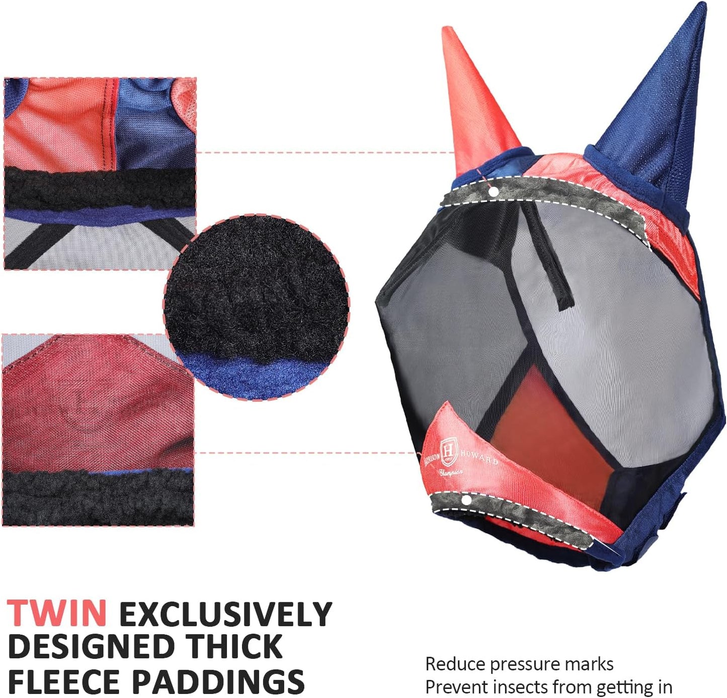 Harrison Howard Pro Luminous Horse Fly Mask Large Eye Space Half Face with Ears UV Protection for Horse Coral Orange/Navy L