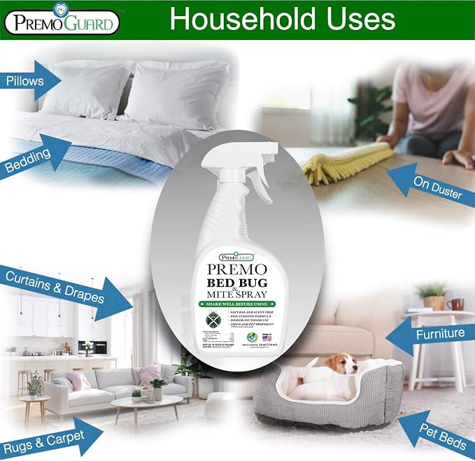Premo Guard Bed Bug & Mite Killer Spray - 100% Kill Rate Formula, 24 oz | University Tested, Safe for Bedding, Furniture, Fabrics, and Clothing, Non Toxic, Stain & Scent Free, Child & Pet Safe