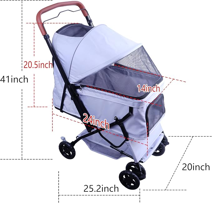 Pet Stroller (4 Wheels for Cats and Dogs) with Reversible Handle for Small and Medium Pets up to 33 lbs.Silver