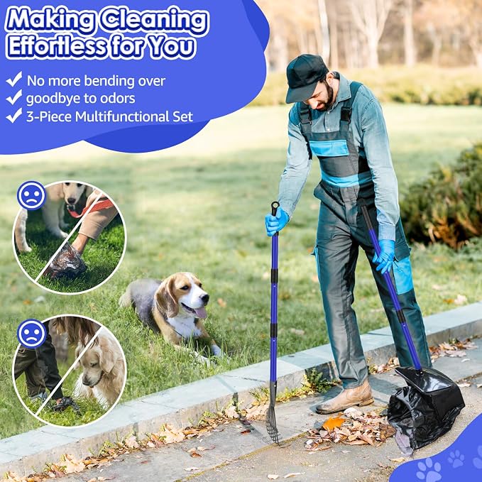 Lukovee Dog Pooper Scooper, 37.4" Long Metal Handle, No Bending Swivel Bin | Portable, Adjustable, Rake Spade Kit, Non-Stick Stainless Steel, 3L Odor-Seal Bin, Works on Grass Gravel Concrete, 20 Bags