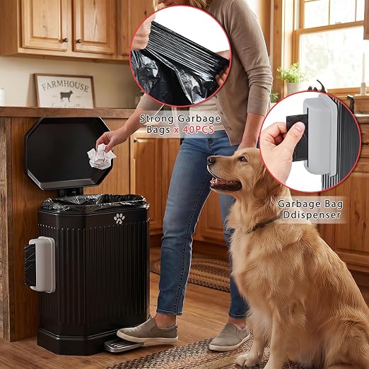 Metal Dog Poop Trash Can Outside with Odor Control Lid, 15L/4Gal Dog Waste Large Bin with Step-On Pedal, Removable Inner Bucket, Bin Bag Holder, 40 Waste Bags, Pet Waste Station for Indoor Outdoor