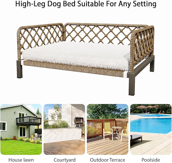 Indoor & Outdoor Dog Bed, Elevated All-Weather Wicker Pet Sofa with Washable Waterproof Cushion, Durable Rattan Dog Couch for Small Dogs, Brown Rattan/White Mat