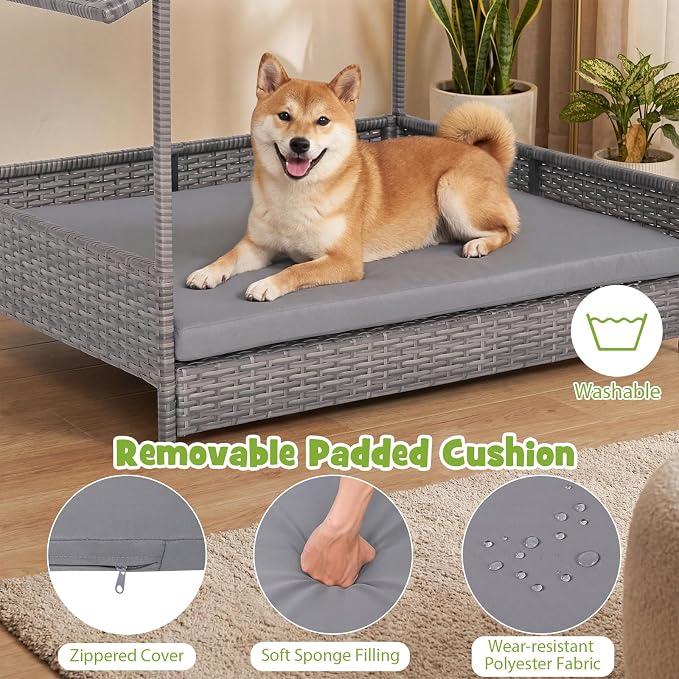 Giantex Outdoor Wicker Dog House with Roof Canopy, Elevated Rattan Dog Bed with Washable Cushion, Weatherproof Patio Pet Bed for Small Medium Dogs, Heavy Duty Metal Frame, 165 lbs, Gray