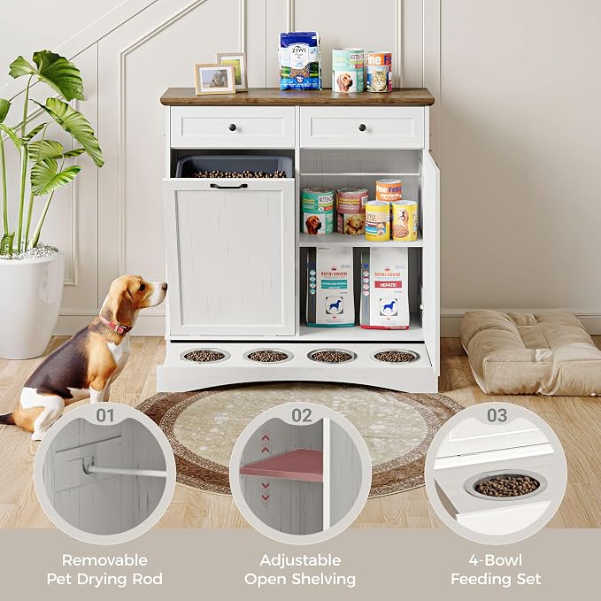 FIMELLO 39.7’’W Dual Doors Dog Food Storage Cabinet, Tilt-Out Dog Feeding Station with 4 Feeding Bowls, Pet Feeder Cabinet, White Grain