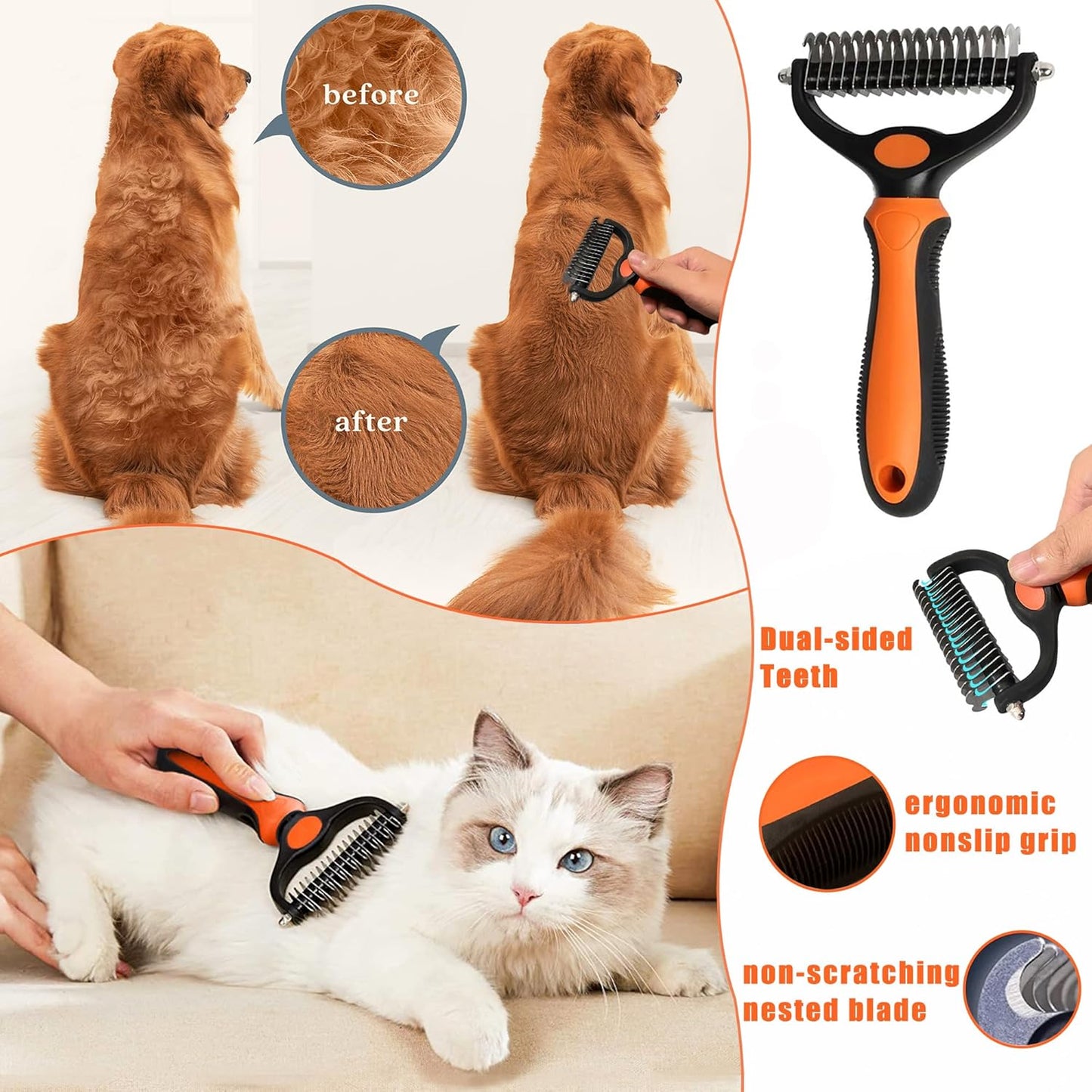Cat Grooming Brush Kit 6 Tools - Deshedding & Dematting for Long/Short Hair, Self-Cleaning Slicker Brush with 6-in-1 Flea Comb for Cats & Kittens (Orange)