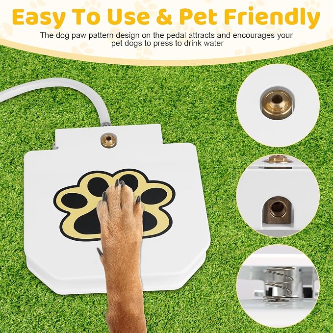 Dog Water Fountain Step On, Outdoor Paw Activated Water Fountain for Dogs, Paw Activated Drinking Water Toy with Hose for Fresh Water, Upgrade Copper Valve Set(White) (White-New)