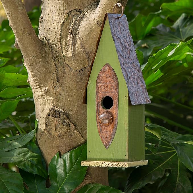 Glitzhome JK97326 Hanging Distressed Wooden Bird House Garden Decorative 13.25 Inch Tall, Green