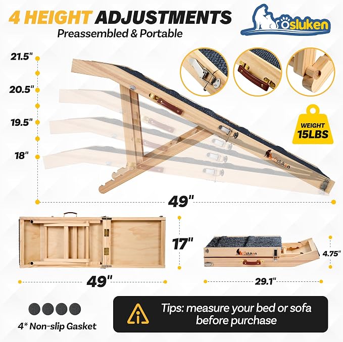Dog Ramp for Couch, 49" Long Foldable Pet Ramp for Small Large Dogs, Dog Ramps for Bed, High Traction with Platform 6 Adjustable Heights 18" to 21.5" Up to 220LBS, Wood