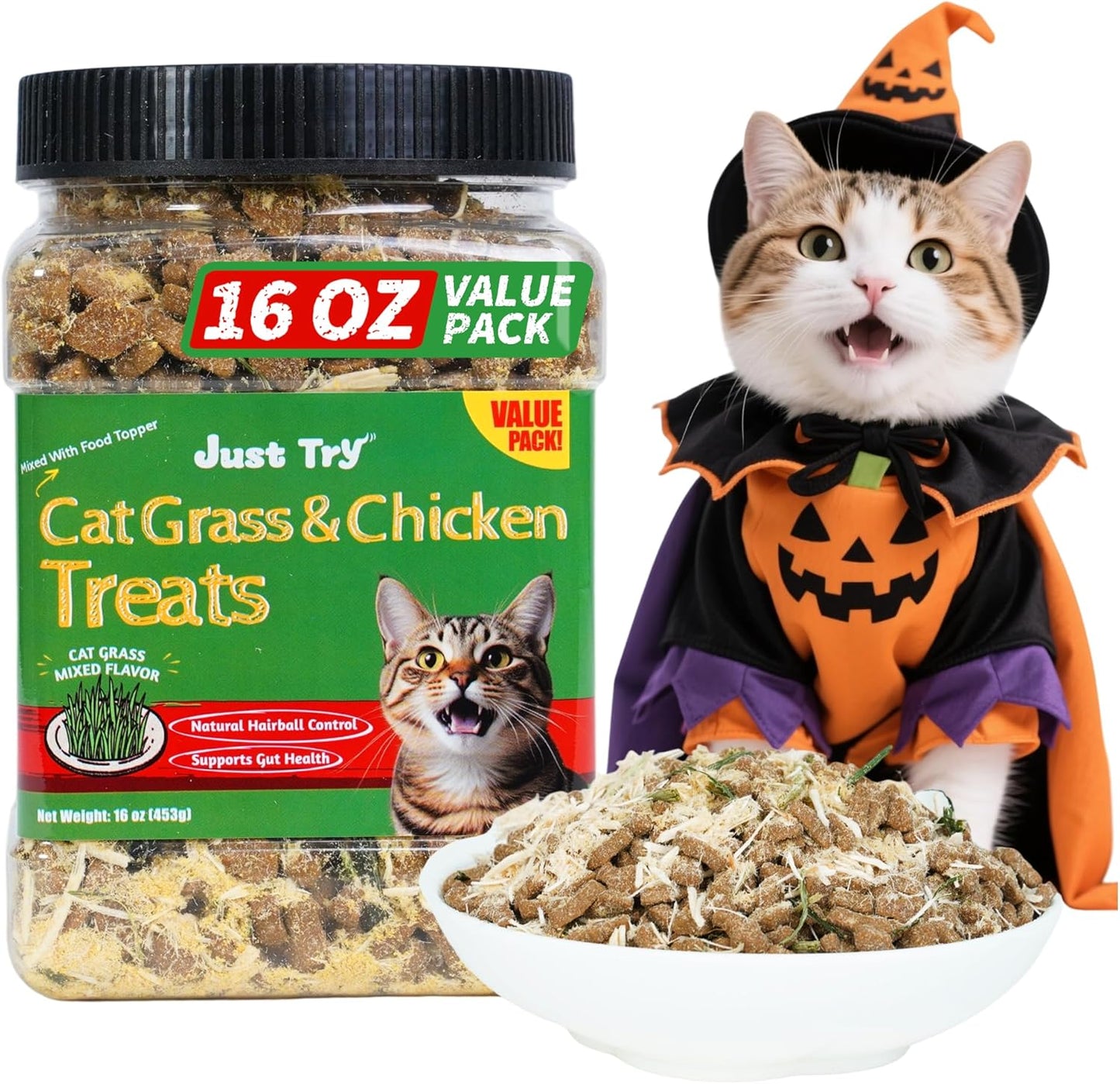 Just Try 16 OZ Cat Grass Jerky Treats for Indoor Cats Natural Chicken Healthy Cat Snacks Training Biscuits Hairball Control & Digestive Aid for Cats