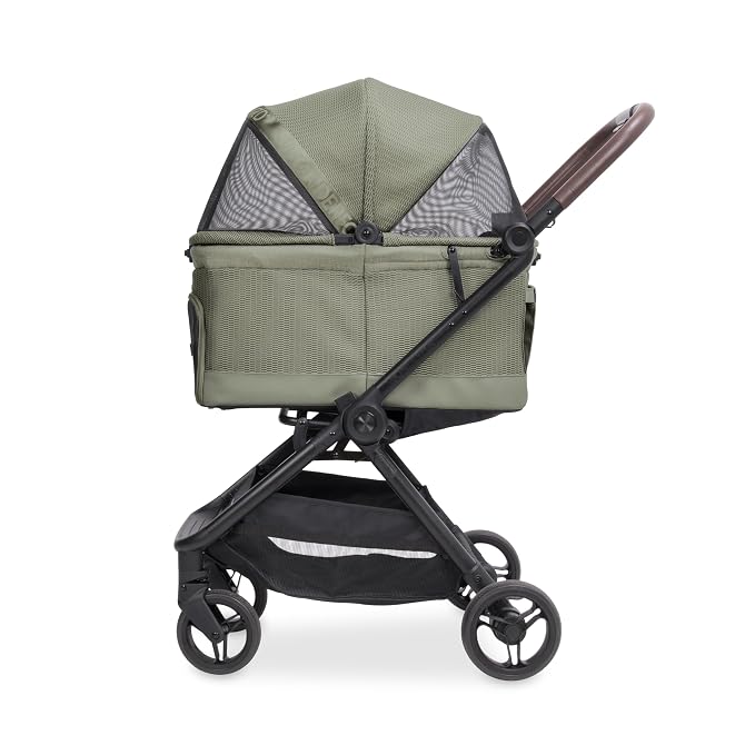 WonderFold Bella Pet Stroller - Autofold Design with Lightweight Aluminum Frame, Breathable Carriage Fabrics and Canopy, Safety Tethers & Easy-Clean Interior - Moss