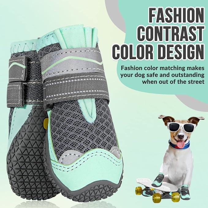 SlowTon Dog Shoes for Large Small Medium Dogs - Breathable Dog Boots for Summer Hot Pavement, Paw Protector for Outdoor Walking Winter Snow, Anti-Slip Rubber Dog Booties for Hardwood Floor (Green, 3)