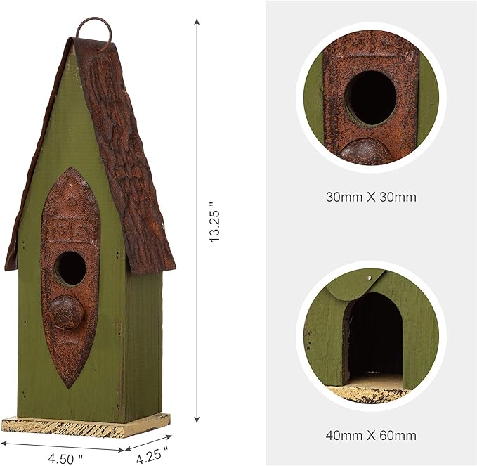 Glitzhome JK97326 Hanging Distressed Wooden Bird House Garden Decorative 13.25 Inch Tall, Green