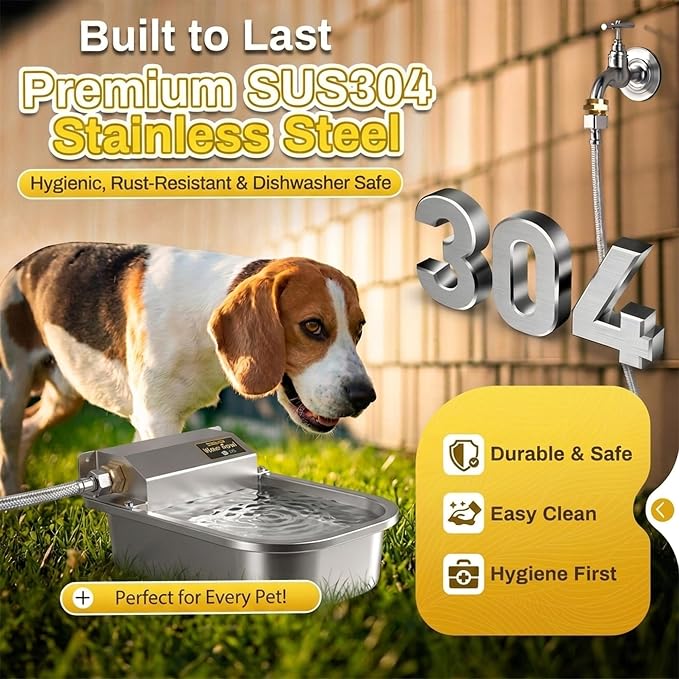 Automatic Self-Filling Dog Water Bowl,3L/101oz | Stainless Steel Outdoor Large Capacity Pet Water Dispenser with Float Valve,Fits 3/4" Garden Hose for Dogs,Cats&Livestock