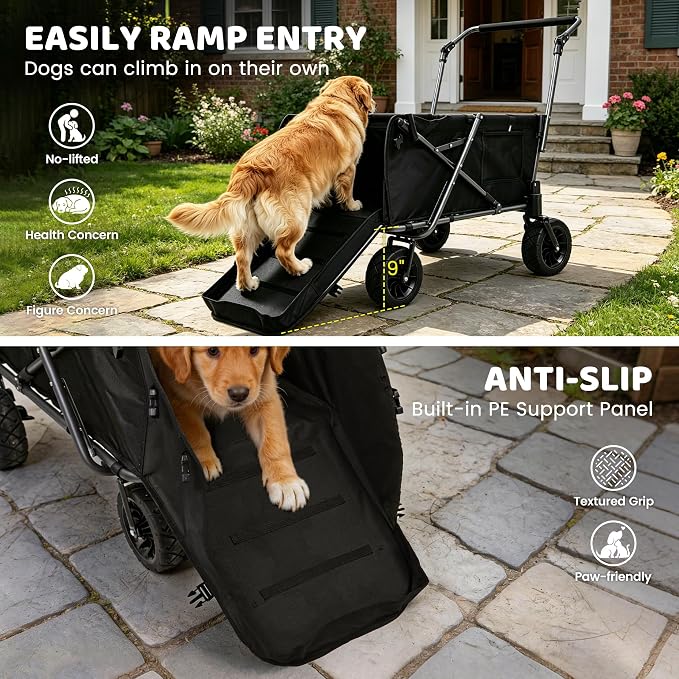 REDCAMP Folding Dog Wagon for Large Dogs, 110lbs Heavy Duty Pet Stroller | 17.3" Extendable Rear Ramp for 2 Medium Dogs, All-Terrain Dog Cart with Brakes & Push Handle for Senior Pet, Black