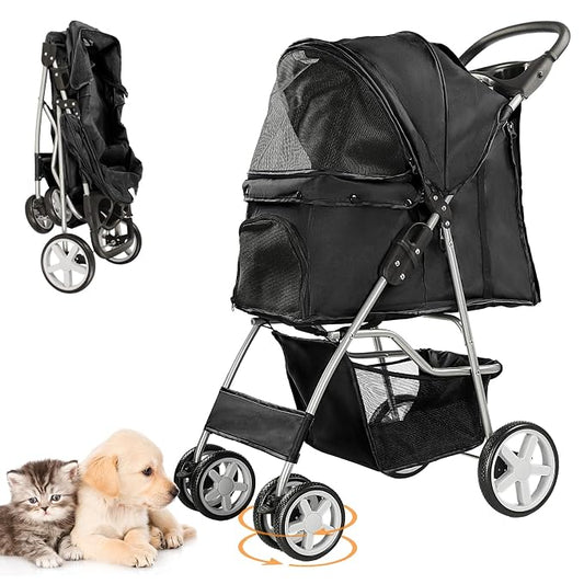 Pet Stroller for Small Dogs and CatsQuick-Folding Portable Travel Cat Dog Stroller with Storage Basket and Cup Holder, 4 Wheels, Pure Black