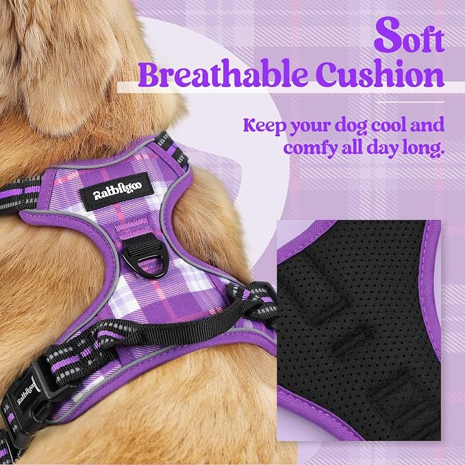 rabbitgoo Dog Harness, No Pull for Large Dogs with 2 Leash Clips, Pet Vest | No Choke with Handle, Adjustable Soft Padded, Reflective, Easy Control for Walking, Purple Plaid, X-Large